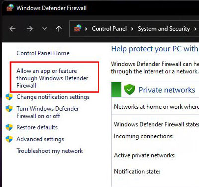 تصویر کلیک بر روی Allow an app or feature from Windows Defender Firewall ر رفع خطای Network Discovery is Turned Off در ویندوز 10 و 11