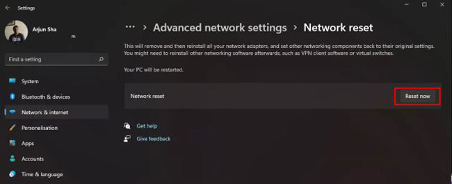 تصویر Reset now در رفع خطای Network Discovery is Turned Off در ویندوز 10 و 11