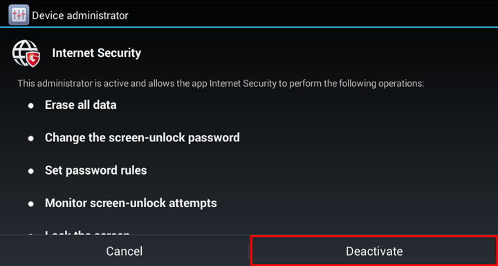غیرفعال کردن مدیر دستگاه در نحوه حذف آنتی ویروس جی دیتا موبایل سکیوریتی برای اندروید (G DATA Mobile Security for Android) - 5
